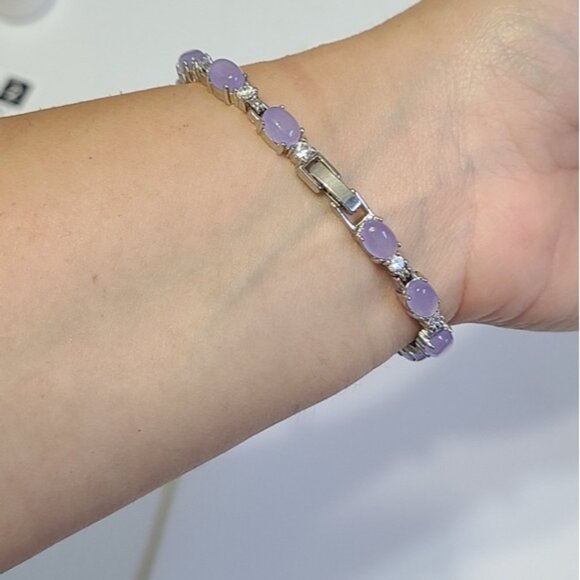 Vintage Amethyst Purple Cabochon CZ Crystal Sterling Silver Tennis Bracelet - Picture 3 of 14